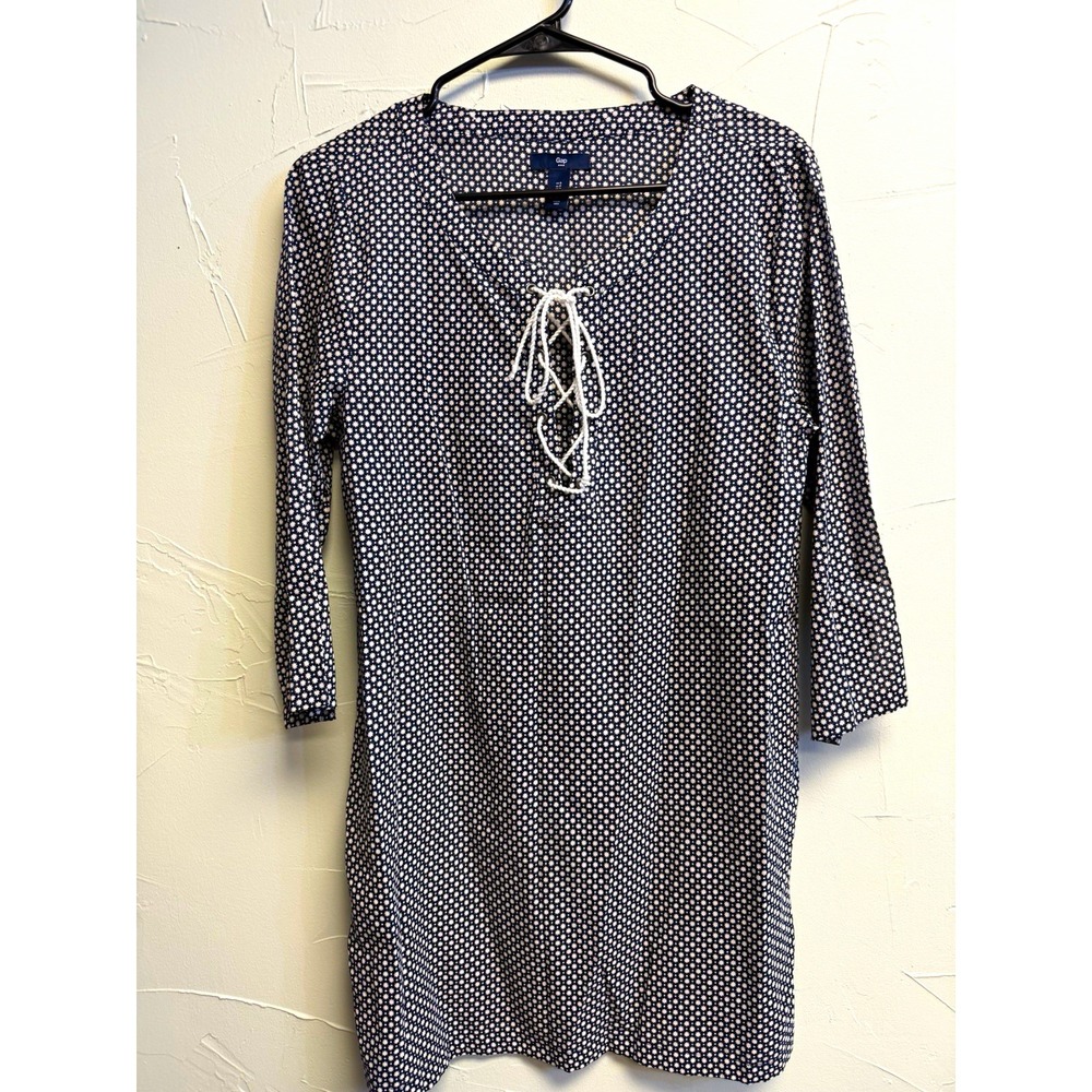Gap Blue/White Geometric V-Neck Tie Neck Shift Dress 3/4 Sleeve Size S